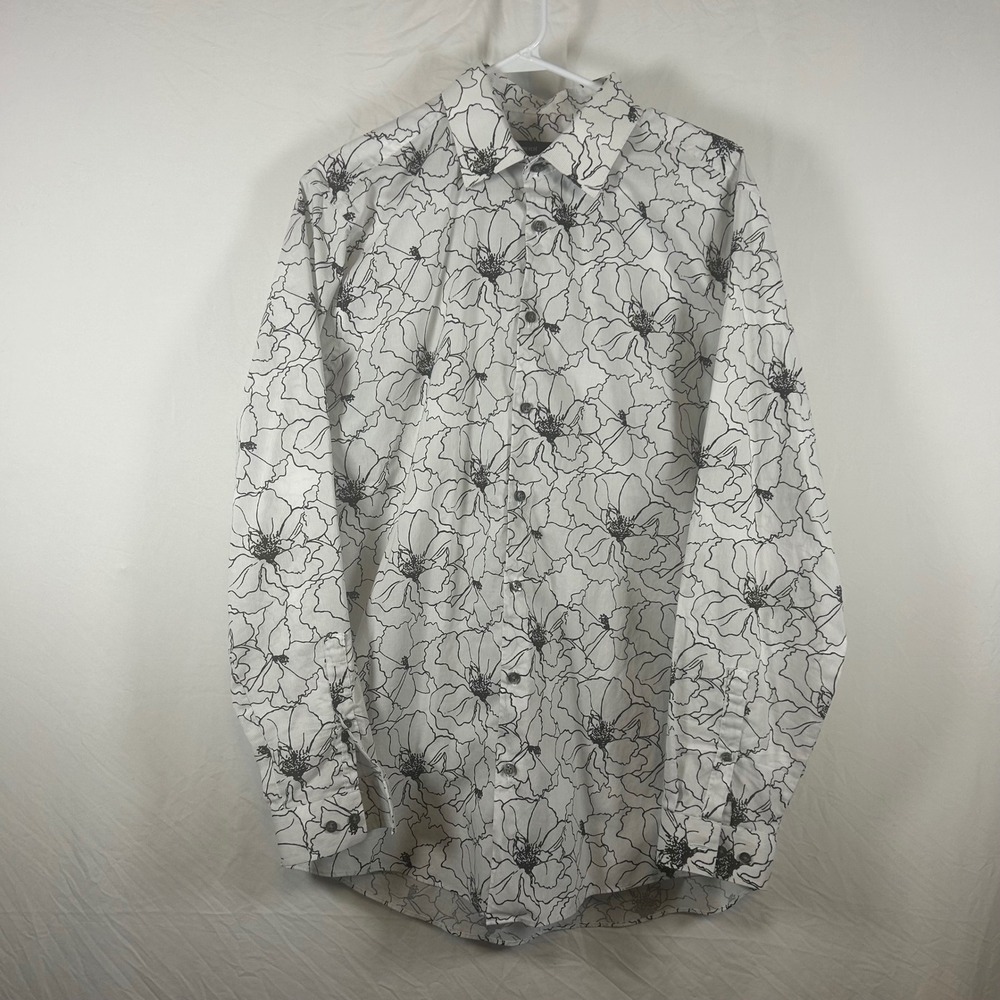 J. Ferrar Mens Slim Fit Stretch Floral Button Up Dress Shirt White Black Large